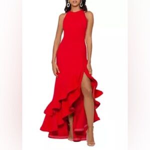 NWT Betsy & Adam "ARIELLE" SCUBA CREPE RUFFLE SLIT GOWN - size 4